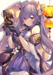  bad_id bad_twitter_id bare_shoulders blush breasts cone_hair_bun double_bun dragon dress female figure flower genshin_impact gloves hair_bun hair_ornament homaderi keqing_(genshin_impact) lantern long_hair looking_at_viewer medium_breasts paper_lantern purple_dress purple_eyes purple_gloves purple_hair solo swept_bangs twintails 