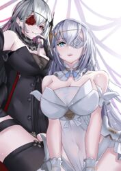  2girls absurdres azur_lane black_dress black_gloves blue_eyes breasts cleavage covered_navel dress dual_persona emden_(azur_lane) eyepatch flower gloves grey_hair hair_ornament highres huge_breasts ishimaru_(ishimarust) long_hair looking_at_viewer medium_breasts multiple_girls open_mouth partially_fingerless_gloves red_eyes red_flower red_rose rose siblings simple_background smile teeth thighhighs upper_teeth_only white_dress white_flower white_hair white_rose 