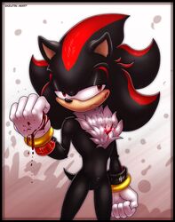  anthro big_hands black_body black_fur blood blood_on_face bodily_fluids chest_tuft clothing eulipotyphlan fur gloves handwear hedgehog male mammal red_eyes red_stripes rings_on_arms sega shadow_the_hedgehog simple_background skeletalheart solo sonic_the_hedgehog_(series) stripes tuft white_clothing white_gloves white_handwear 