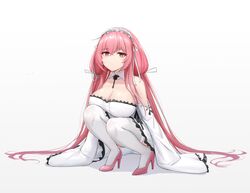  azur_lane bare_shoulders breasts cleavage closed_mouth collarbone dress female hair_ribbon high_heels highres kafeifeifeifeifeifei_jiemo_jun large_breasts legs long_hair looking_at_viewer maid_headdress perseus_(azur_lane) pink_eyes pink_footwear pink_hair pumps ribbon solo squatting thighhighs very_long_hair white_background white_dress white_thighhighs wide_sleeves 