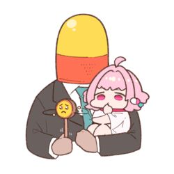  1boy ahoge black_jacket blue_necktie carrying carrying_person chibi child_carry emoji female holding idolmaster idolmaster_cinderella_girls jacket long_sleeves necktie pill pink_hair pleading_face_emoji rattle_drum simple_background takato_kurosuke toy white_background yumemi_riamu 