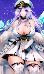  azur_lane bare_shoulders blue_background blush boots breasts cleavage closed_mouth coat commentary_request cowboy_shot dress female fur-trimmed_coat fur_collar fur_trim gloves grey_hair hachimitsu_hinako hat highres large_breasts long_hair looking_at_viewer mole mole_on_breast multicolored_hair off_shoulder parted_bangs peaked_cap pink_hair red_eyes sidelocks signature skindentation sleeveless sleeveless_dress smile solo standing streaked_hair tallinn_(azur_lane) thigh_boots thighhighs underbust white_coat white_footwear white_gloves white_hair wrist_cuffs zettai_ryouiki 