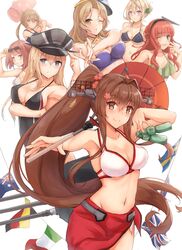  6+girls absurdres american_flag ark_royal_(kancolle) australian_flag bad_id bad_twitter_id bikini bismarck_(kancolle) black_bikini black_one-piece_swimsuit blonde_hair blue_bikini blue_eyes blush braid braided_bun breasts brown_eyes brown_hair closed_mouth collarbone de_ruyter_(kancolle) eyewear_on_head flower french_braid german_flag green_bikini green_eyes hair_between_eyes hair_bun hair_flower hair_ornament hat highres houston_(kancolle) houston_kai_(kancolle) houston_kai_(swimsuit_mode)_(kancolle) italian_flag k_jie kantai_collection large_breasts long_hair low_twintails military_hat multiple_girls navel oil-paper_umbrella one-piece_swimsuit one_eye_closed peaked_cap perth_(kancolle) pink_flower ponytail purple_eyes red_hair red_sarong red_umbrella sarong short_hair simple_background smile sunglasses swedish_flag swimsuit tashkent_(kancolle) twintails umbrella union_jack white_background white_bikini yamato_(kancolle) 