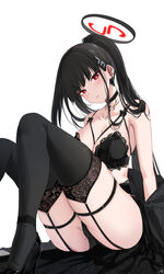  alternate_costume black_hair blue_archive blush bra breasts choker commentary earrings feint721 female hair_ornament hairclip halo high_heels highres jewelry lace-trimmed_bra lace_trim large_breasts long_hair looking_at_viewer panties parted_lips ponytail red_eyes rio_(blue_archive) solo symbol-only_commentary thighhighs thighs underwear very_long_hair white_background 