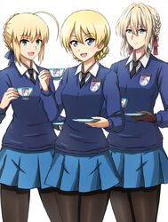  3girls ahoge artoria_pendragon_(fate) blonde_hair color_connection cowboy_shot crossover cup darjeeling_(girls_und_panzer) fate/stay_night fate_(series) girls_und_panzer hair_color_connection highres look-alike looking_at_viewer multiple_crossover multiple_girls necktie omachi_(slabco) pantyhose pleated_skirt saucer school_uniform skirt st._gloriana&#039;s_school_uniform teacup violet_evergarden violet_evergarden_(series) 