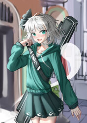  absurdres ailu_elf aqua_eyes black_bow black_ribbon bow breasts case female green_hoodie green_skirt grey_hair hair_ribbon hand_up highres hitodama hitodama_print holding_strap hood hood_down hoodie konpaku_youmu konpaku_youmu_(ghost) long_sleeves outdoors ribbon road shirt short_hair shoulder_strap skirt small_breasts solo street touhou undershirt white_shirt zipper 