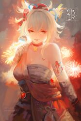  absurdres bare_shoulders blonde_hair dress female fireworks genshin_impact gloves highres looking_at_viewer painterly ravine_bells rebelle_(medium) red_dress sarashi solo tattoo yellow_eyes yoimiya_(genshin_impact) 