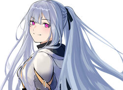  3_small_spiders ak-12_(age_of_slushies)_(girls&#039;_frontline) ak-12_(girls&#039;_frontline) artificial_eye braid closed_mouth commentary_request female french_braid girls&#039;_frontline grey_hair hair_ribbon high_ponytail highres hood hoodie long_hair mechanical_eye official_alternate_costume pink_eyes ribbon sidelocks smile solo tactical_clothes unusually_open_eyes upper_body white_background 