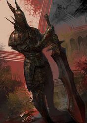  1other absurdres armor black_knight_(dark_souls) commentary dark_souls_(series) dark_souls_i gauntlets helmet highres holding holding_sword holding_weapon nira_(nira_box) shoulder_armor sword weapon 