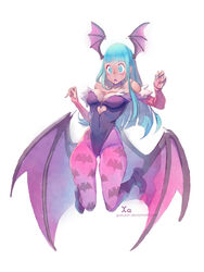  animal_print aqua_eyes aqua_hair ass_visible_through_thighs bare_shoulders bat_print bat_wings blush boots breasts bridal_gauntlets chestnut_mouth cleavage cleavage_cutout clothing_cutout covered_navel curvy demon_girl deviantart_username eyebrows_hidden_by_hair female full_body gloves green_hair head_wings heart_cutout highleg highleg_leotard highres legs_up leotard long_hair low_wings medium_breasts morrigan_aensland pantyhose photoshop_(medium) print_pantyhose solo surprised vampire_(game) w_arms web_address white_background wide-eyed wings xaxaxa 