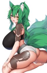  :d animal_ear_fluff animal_ears arm_tattoo ass bandaid bandaid_on_face bandaid_on_nose bare_legs barefoot black_shirt blue_eyes blush breasts commentary_request commission crop_top female fox_ears fox_tail from_side green_hair grey_panties hair_between_eyes hand_on_own_leg heterochromia highres horns huge_breasts long_hair looking_at_viewer looking_to_the_side multiple_tails oerba_yun_fang oni_horns open_mouth original panties phantasy_star phantasy_star_online_2 ponytail protagonist_(pso2) shirt simple_background skeb_commission skin_fang sleeveless sleeveless_shirt smile soles solo suruga_(xsurugax) tail tattoo tsutsune_(pyobbo) underwear white_background yellow_eyes 