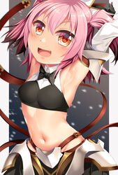  armpits astolfo_(fate) astolfo_(saber)_(fate) astolfo_(saber)_(fate)_(cosplay) black_bow black_bowtie blush bow bowtie colored_tips cosplay cowboy_shot fate/grand_order fate_(series) female groin hair_between_eyes highres kantai_collection kunashiri_(kancolle) midriff multicolored_hair navel oerba_yun_fang open_mouth pink_hair short_hair smile solo two_side_up wing_collar yasume_yukito yellow_eyes 