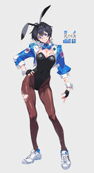  animal_ears bandaid bandaid_on_breast blue_eyes bow bowtie breasts contrapposto covered_navel detached_collar fake_animal_ears female fingerless_gloves full_body gloves hair_between_eyes highres jacket olys original pantyhose photoshop_(medium) playboy_bunny rabbit_ears short_hair smile solo standing torn_clothes torn_pantyhose wrist_cuffs 