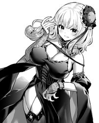  azur_lane azur_lane:_slow_ahead blush breasts curly_hair detached_sleeves dress female greyscale hair_ornament highres hori_(hori_no_su) jewelry juliet_sleeves large_breasts long_sleeves luetzow_(azur_lane) luetzow_(everlasting_blood_banquet)_(azur_lane) monochrome necklace official_alternate_costume official_art puffy_sleeves side_slit wide_sleeves 