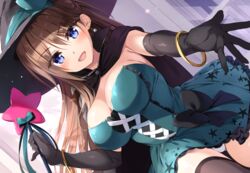  ass_visible_through_thighs black_cape black_gloves black_thighhighs blue_eyes boku_no_kanojo_sensei bracelet breasts brown_hair cape cleavage commentary cosplay dress dutch_angle earrings elbow_gloves female frilled_dress frills fujiki_maka gloves green_dress green_hat half_updo hat holding holding_wand jewelry large_breasts long_hair looking_at_viewer microdress open_mouth oryo_(oryo04) panties pantyshot print_dress reaching reaching_towards_viewer smile solo standing star_(symbol) star_print strapless strapless_dress thighhighs underwear wand white_panties witch witch_hat 