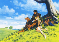  1990s_(style) 1boy armored_boots barefoot blonde_hair boots canine day deedlit elf female hill legs long_hair nature non-web_source official_art outdoors parn_(lodoss) pointy_ears record_of_lodoss_war retro_artstyle sack sheath sheathed sitting sword unworn_boots weapon yuuki_nobuteru 