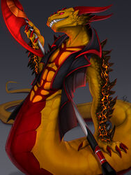  2020 3:4 anthro apode claws clothing digital_media_(artwork) draconcopode dragon dragon_naga fefairy gradient_background grey_background hi_res holding_object holding_weapon horn jacket jacket_only legless male muscular muscular_anthro muscular_male mythological_creature mythological_scalie mythology naga red_eyes reptile scalie serpentine sharp_teeth signature simple_background solo split_form teeth topwear weapon 