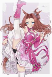  absurdres animal_ears artist_name axe_kick bike_shorts black_shorts blue_eyes boots dated detached_sleeves dress female high_kick highres horse_ears horse_girl horse_tail idol_clothes kawakami_princess_(umamusume) kicking knee_boots long_hair orange_hair pink_dress pink_footwear ryusei_(ryusei_b) short_shorts shorts shorts_under_dress signature sleeveless sleeveless_dress solo split standing standing_on_one_leg standing_split tail thighhighs umamusume white_thighhighs 