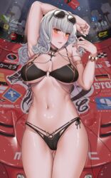  bikini black_bikini black_nails breasts brown_eyes car carmilla_(fate) carmilla_(swimsuit_rider)_(fate) carmilla_(swimsuit_rider)_(third_ascension)_(fate) cleavage cowboy_shot curly_hair eyewear_on_head fate/grand_order fate_(series) female grey_hair hanada_yanochi large_breasts lips motor_vehicle multi-strapped_bikini race_vehicle racecar shiny_skin sunglasses swimsuit thighs 