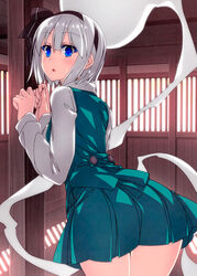  :o ass barn black_hairband black_ribbon blue_eyes blush bob_cut breasts buttons collared_shirt commentary cowboy_shot female from_behind green_skirt green_vest hair_ribbon hairband hands_up highres hitodama indoors konpaku_youmu konpaku_youmu_(ghost) leaning_forward light_particles long_sleeves looking_at_viewer looking_back miniskirt open_mouth pillar pleated_skirt ribbon sazanami_mio shirt short_hair sidelocks skirt skirt_set small_breasts solo sunlight sweatdrop touhou vest white_hair white_shirt wing_collar 