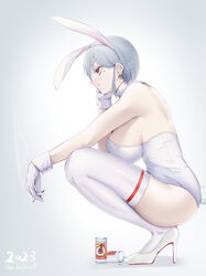  2023 absurdres animal_ears breasts chinese_zodiac cigarette detached_collar ear_piercing earrings enryuu_(rmxs3488) fake_animal_ears fake_tail female from_side gloves grey_background grey_hair hand_on_own_cheek hand_on_own_face happy_new_year high_heels highres holding holding_cigarette jar jewelry large_breasts leotard original piercing playboy_bunny rabbit_ears rabbit_tail red_eyes shadow short_hair smoke solo squatting tail thighhighs white_footwear white_gloves white_leotard white_thighhighs year_of_the_rabbit 