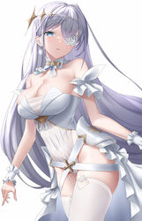  azur_lane bare_shoulders blue_eyes breasts cleavage covered_navel dress earrings emden_(azur_lane) feet_out_of_frame female flower flower_over_eye hair_ornament highres jewelry long_hair looking_at_viewer medium_breasts naga_(pixiv70891418) open_mouth rose solo standing thighhighs white_background white_dress white_flower white_hair white_rose white_thighhighs 