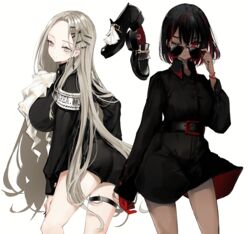  2girls armband ass belt black_dress black_footwear black_hair bracelet breasts cowboy_shot dress english_commentary gloves grey_eyes grey_hair hair_ornament hairclip highres jewelry long_hair medium_breasts multicolored_hair multiple_girls narue original pale_skin parted_bangs red_eyes red_gloves red_hair simple_background streaked_hair sunglasses thigh_strap two-tone_hair very_long_hair white_background 