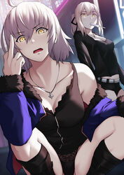  2girls ahoge artoria_pendragon_(fate) bbk_(13zk) black_panties black_ribbon blonde_hair boots breasts collarbone fate/grand_order fate_(series) food fur_trim hair_between_eyes hair_ribbon highres jacket jeanne_d&#039;arc_alter_(fate) jeanne_d&#039;arc_alter_(ver._shinjuku_1999)_(fate) jewelry large_breasts medium_breasts middle_finger midriff mouth_hold multiple_girls necklace official_alternate_costume outdoors panties ponytail popsicle ribbon saber_alter saber_alter_(ver._shinjuku_1999)_(fate) shorts underwear yellow_eyes 