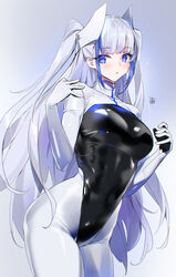  artist_name blue_eyes blue_hair blush bodysuit breasts commentary_request female game_console gloves gradient_background gradient_hair headgear highleg highleg_leotard highres leotard lips logo long_hair long_sleeves looking_at_viewer medium_breasts multicolored_hair original personification playstation_5 ps5_chan shiny_clothes shiny_skin sidelocks simple_background skin_tight solo standing turtleneck yd_(orange_maru) zipper_pull_tab 