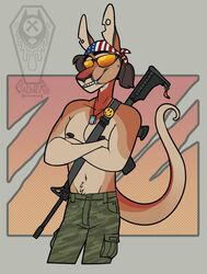  abs american_flag anthro assault_rifle bandana bottomwear brown_hair cadaverrdog camo camo_bottomwear camo_clothing camo_pants camo_print clothing dog_tags eyewear fangs fur gun hair hi_res jaber_(cadaverrdog) kangaroo kerchief macropod male mammal marsupial muscle_tone muscular muscular_anthro muscular_male navel nipples notched_ear orange_body orange_fur pants pattern_bottomwear pattern_clothing pattern_pants pecs portrait ranged_weapon red_body red_fur red_kangaroo rifle shirtless shirtless_anthro shirtless_male simple_background smile smirk smug smug_face smug_grin solo sunglasses tan_body tan_fur teeth three-quarter_portrait united_states_of_america weapon 