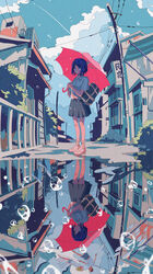  1boy 2girls absurdres bag black_skirt blue_eyes building bush cloud day different_reflection fence film_grain fish highres holding holding_umbrella ichigoame kaijuu_no_kodomo loose_socks multiple_girls outdoors partially_underwater_shot power_lines red_umbrella reflection scenery school_bag school_of_fish school_uniform shirt shoes shorts skirt sky sneakers socks umbrella underwater water water_drop white_shirt 