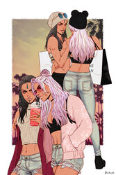  2girls arm_around_neck bad_id bad_pixiv_id bag black_hair black_headwear breasts camouflage camouflage_shirt choker cleavage cowboy_shot crop_top cup denim double_bun drinking_straw ermes_costello facial_mark hair_bun hand_in_pocket hat heart heart-shaped_eyewear highres jacket jeans jewelry jojo_no_kimyou_na_bouken kujo_jolyne marion-ville medium_breasts midriff multiple_girls navel navel_piercing pants piercing pink-tinted_eyewear pink_hair pink_jacket pink_nails ring shirt shopping_bag smile stone_ocean sunglasses tan tinted_eyewear tree 