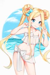  abigail_williams_(fate) abigail_williams_(swimsuit_foreigner)_(fate) abigail_williams_(swimsuit_foreigner)_(third_ascension)_(fate) absurdres bare_arms bare_shoulders bikini blonde_hair blue_bow blue_eyes blush bow closed_mouth collarbone commentary day double_bun double_v fate/grand_order fate_(series) female forehead hair_bun hairbow hands_up highres long_hair looking_at_viewer navel orange_bow parted_bangs smile solo swimsuit twintails v very_long_hair white_bikini yukaa 