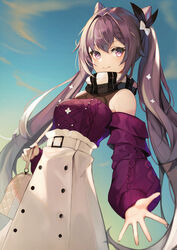  &gt;:) absurdres aran_sweater bare_shoulders belt belt_buckle blue_sky blush bow breasts buckle cable_knit casual closed_mouth cone_hair_bun day detached_sleeves female genshin_impact hair_bun hairbow high-waist_skirt highres keqing_(genshin_impact) keqing_(lantern_rite)_(genshin_impact) long_hair long_sleeves looking_at_viewer lumo_1121 medium_breasts multicolored_clothes multicolored_scarf official_alternate_costume outdoors outstretched_arm plaid plaid_scarf purple_eyes purple_hair purple_sweater scarf skirt sky smile solo spread_fingers sweater twintails v-shaped_eyebrows very_long_hair white_bow white_skirt 