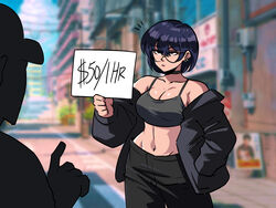  1boy ^^^ arsenixc bare_shoulders black_choker black_hair black_jacket black_pants blurry blurry_background breasts choker cleavage closed_mouth collarbone crop_top expressionless female game_screenshot_background glasses highres holding holding_paper jacket large_breasts love_money_rock&#039;n&#039;roll midriff navel original pants paper prostitution short_hair solo_focus tank_top tina_fate 