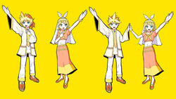  1boy aqua_eyes blonde_hair bracelet brother_and_sister commentary cosmospice_(vocaloid) female hair_ornament highres jacket jewelry kagamine_len kagamine_rin midriff navel neckerchief necktie official_art open_clothes open_jacket open_mouth pinocchio-p siblings simple_background traditional_clothes turban twins veil vocaloid yellow_background yellow_neckerchief yellow_necktie yellow_theme 