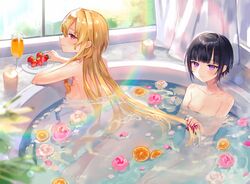  2girls absurdres bath bathing bathtub black_hair blonde_hair blunt_bangs bob_cut breasts brushing_another&#039;s_hair brushing_hair comb commentary_request cup curtains drinking_glass flower flower_on_liquid food fruit fruit_on_liquid highres idolmaster idolmaster_cinderella_girls idolmaster_cinderella_girls_starlight_stage kurosaki_chitose large_breasts long_hair looking_at_viewer multiple_girls nekoyashiki_pushio nude orange_(fruit) partially_submerged petals petals_on_liquid purple_eyes red_eyes rose same-sex_bathing shared_bathing shirayuki_chiyo short_hair small_breasts strawberry velvet_rose_(idolmaster) water window wine_glass 