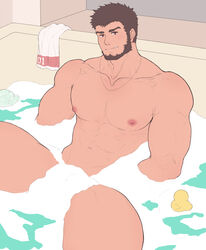  1boy abs absurdres avenger_(dungeon_and_fighter) bara bathtub beard brown_hair character_request check_character collarbone completely_nude convenient_censoring dark-skinned_male dark_skin dungeon_and_fighter facial_hair feet_out_of_frame flat_color highres jewelry kulolin large_pectorals looking_at_viewer male_focus male_priest_(dungeon_and_fighter) mature_male muscular muscular_male navel necklace nipples nude pectorals red_eyes rubber_duck seductive_smile short_hair smile smirk soap_bubbles soap_censor solo spread_legs stomach thick_thighs thighs towel water 