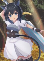  :o animal_ear_fluff animal_ears arm_behind_back armor armored_dress black_gloves black_hair black_tail black_thighhighs blue_eyes breastplate cat_ears cat_girl cat_tail crossed_bangs dress fantasy female fingerless_gloves forest fran_(tensei_shitara_ken_deshita) gloves greatsword hair_between_eyes hair_ornament highres holding holding_sword holding_weapon huge_weapon jewelry living_weapon looking_at_viewer minakami_mimimi nature open_mouth ring shishou_(tensei_shitara_ken_deshita) short_hair short_sleeves slit_pupils solo standing sword sword_behind_back tail tensei_shitara_ken_deshita thighhighs weapon white_dress zettai_ryouiki 