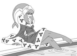  absurd_res anthro bathrobe blush breath_of_the_wild clothing female hi_res marine mipha monochrome nintendo partially_submerged poolside robe sitting solo spiderweber the_legend_of_zelda towel towel_on_head towel_wrap zora 