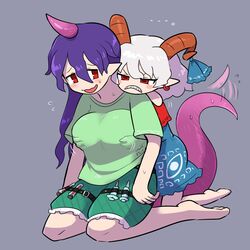  2girls blush breast_envy breasts clothes_writing commentary_request frown grabbing grabbing_another&#039;s_breast groping hand_under_clothes horizontal_pupils horns kasugai_(de-tteiu) large_breasts multiple_girls purple_hair red_eyes sharp_teeth shirt syringe tail tail_wagging teeth tenkajin_chiyari test_tube touhou toutetsu_yuuma white_hair yuri 