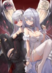  2girls :o azur_lane black_dress black_gloves black_legwear blue_eyes blush breasts cleavage dress dual_persona elbow_gloves emden_(azur_lane) eyepatch flower gloves hair_ornament highres long_hair looking_at_viewer md5_mismatch medium_breasts mg42cat-k1ng multiple_girls open_mouth partially_fingerless_gloves red_eyes red_flower red_rose rose siblings sideboob sitting smirk thighhighs torn_clothes torn_thighhighs white_dress white_flower white_hair white_rose white_thighhighs 