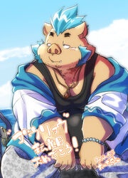  2022 anthro belly big_belly blush brown_body clothing cloud ganglie_(tas) hi_res hoodie humanoid_hands inuiookawa japanese_text kemono lifewonders male mammal outside overweight overweight_male shirt sitting solo suid suina sus_(pig) text tokyo_afterschool_summoners topwear water wild_boar 