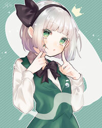  :o black_bow black_bowtie black_hairband black_ribbon blue_background blunt_bangs blush bob_cut bow bowtie commentary crown eyelashes female fingers_to_cheeks green_eyes green_nails green_skirt green_vest hair_ribbon hairband highres hitodama konpaku_youmu konpaku_youmu_(ghost) long_sleeves looking_at_viewer nail_polish parted_lips ribbon shirt short_hair signature skirt solo star_(symbol) striped striped_background touhou upper_body vest white_hair white_shirt youtan 