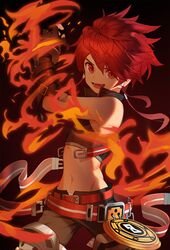  1boy :d bare_shoulders belt black_background brown_gloves brown_pants commentary cowboy_shot crop_top elsword elsword_(character) fingerless_gloves fire g1_(jjw00123) gloves hair_between_eyes highres legs_apart loose_belt male_focus midriff navel oerba_yun_fang open_mouth pants red_eyes red_hair rune_slayer_(elsword) smile solo tongue 