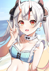  :d absurdres alternate_costume beach bikini blush breasts cleavage collarbone day female hair_between_eyes hair_ornament highres hololive horns long_hair looking_at_viewer multicolored_hair nakiri_ayame nakiri_ayame_(hololive_summer_2019) navel oerba_yun_fang official_alternate_costume open_mouth outdoors red_eyes red_hair skin-covered_horns skin_fang sky small_breasts smile solo streaked_hair swimsuit syhan twintails upper_body v virtual_youtuber white_hair 