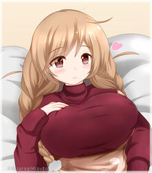  apron beige_background blush braid breasts brown_eyes closed_mouth covered_nipples female hand_on_own_chest heart highres kantai_collection kisaragi_mizuto large_breasts light_brown_hair long_hair long_sleeves looking_at_viewer lying messy_hair minegumo_(kancolle) red_sweater simple_background smile solo steam sweater swept_bangs tareme turtleneck turtleneck_sweater twin_braids twitter_username upper_body 