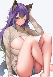  animal_ear_fluff animal_ears arm_behind_head arm_support arm_up ass blue_eyes blue_panties breasts cleavage cleavage_cutout closed_mouth clothing_cutout commentary_request commission crossed_ankles feet_out_of_frame female gradient_hair green_hair hair_between_eyes highres huge_breasts jo_(jo_moestar) knees_up long_hair long_sleeves looking_at_viewer meme_attire multicolored_hair one_eye_closed open-chest_sweater original panties purple_hair simple_background sitting skeb_commission smile solo suruga_(xsurugax) sweater tail underwear very_long_hair white_background 