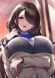  arm_under_breasts black_cardigan black_hair blue_eyes blush breasts brown_jacket bursting_breasts button_gap cardigan cleavage collared_shirt commentary_request evening female hair_over_one_eye highres jacket ken_ill large_breasts long_bangs long_hair looking_at_viewer mole mole_under_mouth open_mouth original school_uniform shirt sky smile solo teeth upper_body upper_teeth_only white_shirt window 