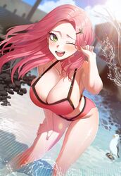  armpits bikini bird blush breasts cleavage collarbone commentary_request female green_eyes hair_ornament hairpin halterneck hand_up happy highres jiki_(gkdlfnzo1245) korean_commentary large_breasts leaning_forward lens_flare long_hair one_eye_closed open_mouth original outdoors partially_submerged pink_bikini pink_hair seagull solo standing swimsuit thighs 